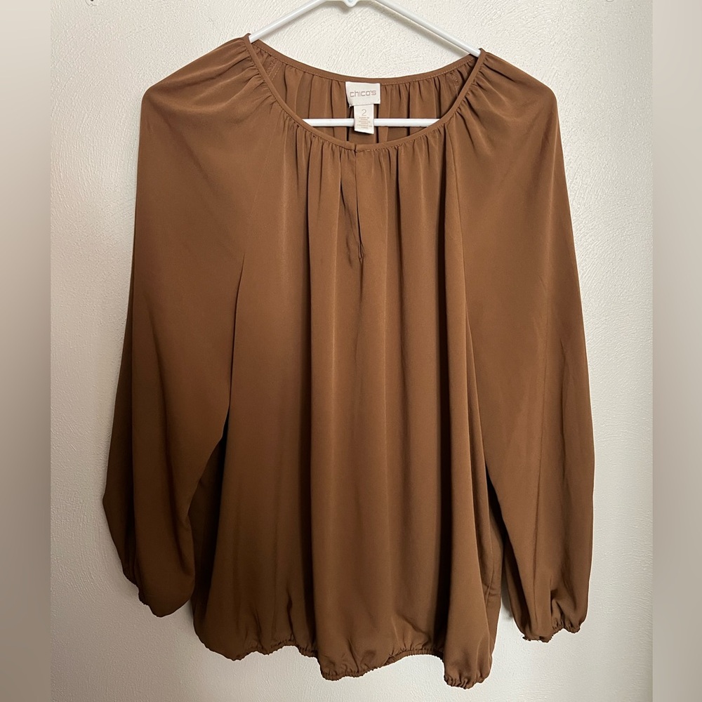 CHICO'S Classic Chiffon Keyhole Pleated Neckline Blouse Brown Women's Size L GUC